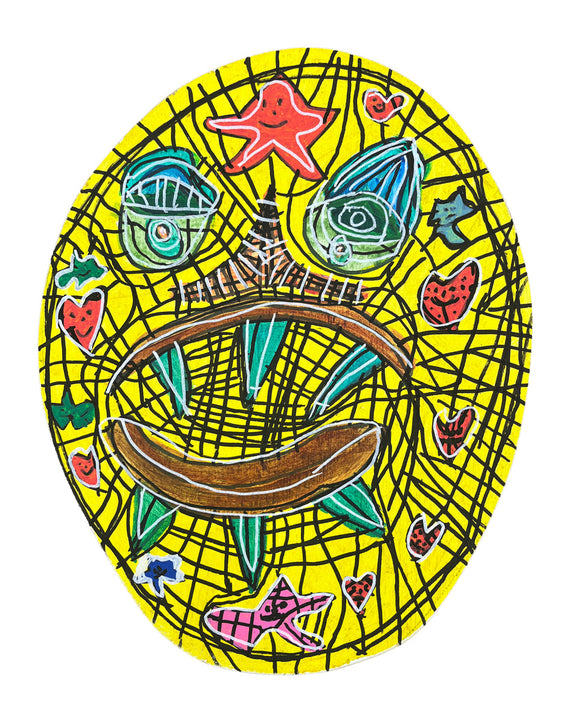 A bright yellow, oval-shaped face with two green eyes, a large banana-shaped mouth, and whimsical details like hearts and stars, outlined in black.