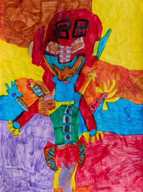  Complex human-like machine with gears, levers, and tubes in saturated shades of red, yellow, green, and blue against a colorful, abstract background of patchwork shapes.