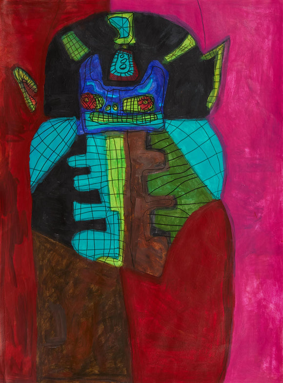 A round, stout figure with a small blue face set within a black helmet with large yellow pointed ears. Its round body is an assemblage of abstract, darkly colored shapes covered in square grids. It emerges from a dark saturated background of red and pink.