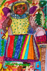 Whimsical snow angel figure with a brown face, red lips, and dark purple wings. She wears a yellow and green polka-dotted shirt and a vertically striped skirt of saturated colors. She is floating in a winter scene full of Christmas trees, wreaths, bells, and other holiday items.