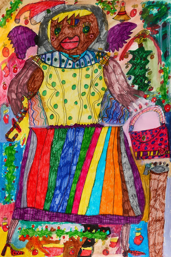 Whimsical snow angel figure with a brown face, red lips, and dark purple wings. She wears a yellow and green polka-dotted shirt and a vertically striped skirt of saturated colors. She is floating in a winter scene full of Christmas trees, wreaths, bells, and other holiday items.