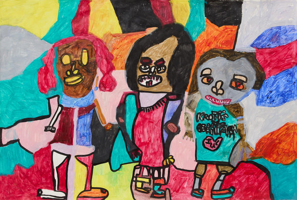 Dynamic scene of three stylized human figures against a patchwork colored background of yellow, grey, teal, orange, and black. The left figure has red hair, brown face, and yellow eyes; the center figure has black hair, a tan face, and red eyes; the right figure has short brown hair, a grey face, and orange eyes.