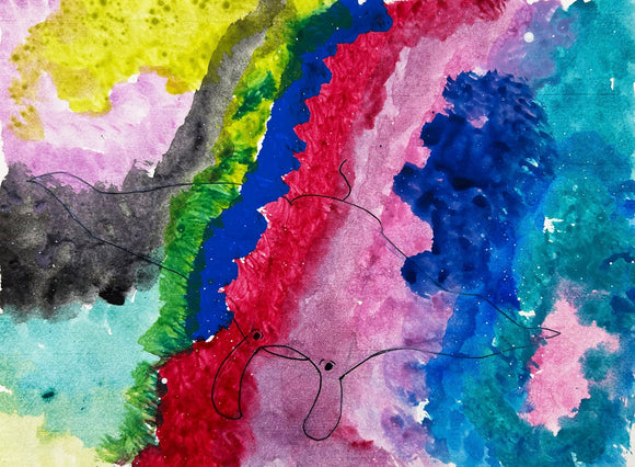 This abstract watercolor artwork features vibrant washes of color, blending bold shades of pink, blue, green, and yellow, creating a dynamic, cosmic-like background. A delicate, minimalist line drawing of a manta ray floats across the composition, adding a subtle organic element that contrasts with the intense, fluid color palette.