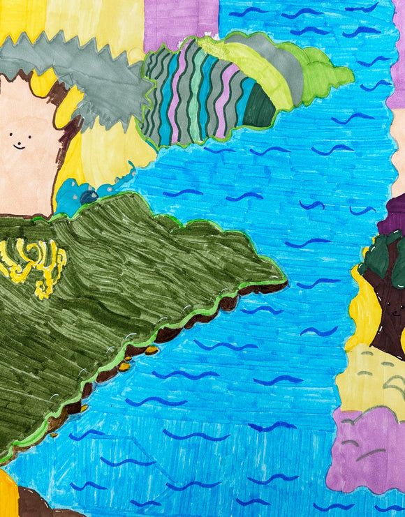 This colorful drawing features a whimsical landscape with stylized hills, flowing water, and patches of vibrant vegetation, creating a playful interpretation of nature. The simple shapes, bold outlines, and varied textures evoke charm, blending abstract and representational elements for a lively, imaginative scene.