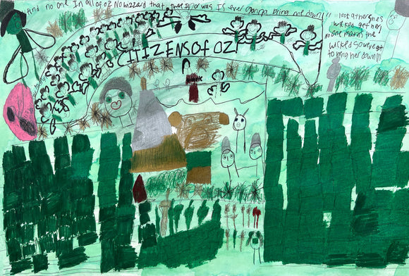 This drawing captures a lively and imaginative scene inspired by The Wizard of Oz, featuring characters and phrases from the story, including 