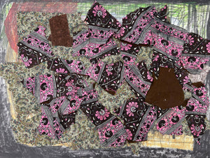 This mixed-media artwork is composed of layered, torn fabric pieces in floral and paisley patterns, primarily in pink, brown, and black, arranged on a textured background. The chaotic overlay of fabric fragments and contrasting designs creates a sense of movement and depth, inviting viewers to explore the interplay of pattern, texture, and form in a collage-like composition.