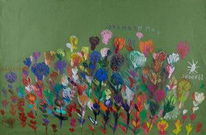 This artwork features a lively array of hand-drawn, abstract floral shapes in vibrant colors against a green background, evoking a whimsical garden scene. The layered, overlapping lines and varied hues create depth and movement, while the playful text scattered throughout adds a personal touch to the composition.