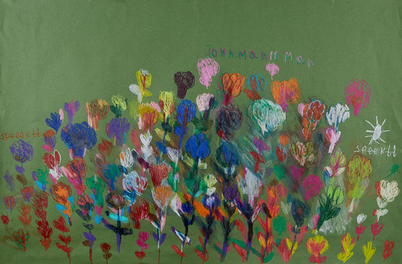 This artwork features a lively array of hand-drawn, abstract floral shapes in vibrant colors against a green background, evoking a whimsical garden scene. The layered, overlapping lines and varied hues create depth and movement, while the playful text scattered throughout adds a personal touch to the composition.