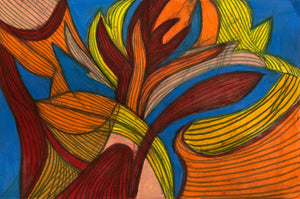 This vibrant abstract composition uses flowing, interwoven lines in shades of orange, red, yellow, and blue to evoke a sense of organic movement and growth. The juxtaposition of warm and cool tones within the curvilinear forms creates a dynamic tension, reminiscent of stylized plant life or swirling autumnal leaves.