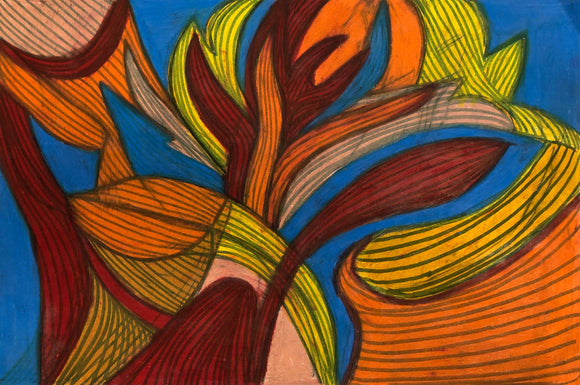 This vibrant abstract composition uses flowing, interwoven lines in shades of orange, red, yellow, and blue to evoke a sense of organic movement and growth. The juxtaposition of warm and cool tones within the curvilinear forms creates a dynamic tension, reminiscent of stylized plant life or swirling autumnal leaves.