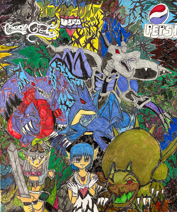 This energetic illustration combines fantasy and commercial imagery, depicting fierce, anime-inspired creatures alongside logos of recognizable brands like Coca-Cola and Pepsi. The densely layered composition, marked by sharp lines and vivid colors, creates a chaotic yet captivating scene that merges popular culture references with stylized, heroic figures and monsters, evoking themes of fantasy and consumerism.