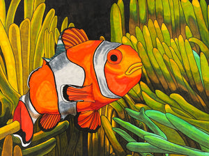 This vibrant artwork captures a close-up of a clownfish swimming amidst the protective tentacles of a sea anemone, rendered in bold colors that enhance the striking contrast between the fish's orange body and the green, yellow, and brown hues of its habitat. The piece showcases meticulous attention to pattern and texture, evoking the symbiotic relationship between the clownfish and its host anemone while creating a visually immersive underwater scene.