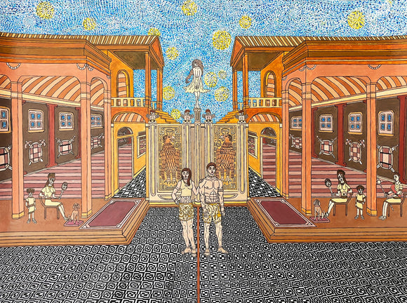 This artwork features an elaborate architectural scene with symmetrical structures, ornate patterns, and classical figures that evoke an ancient or mythological setting. The artist employs pointillism in the sky to create a luminous effect, contrasting the structured forms of the buildings and patterned flooring with an ethereal atmosphere, while the central figures and decorative gates emphasize themes of grandeur and ritual.
