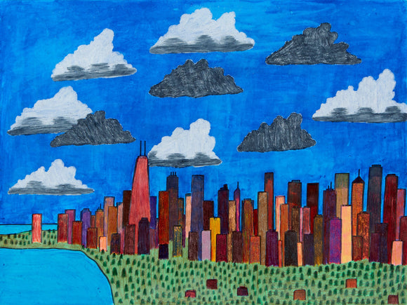 This cityscape presents a stylized skyline against a vibrant blue sky, with carefully arranged clouds in shades of black and white, adding a surreal atmosphere. The colorful, geometric buildings are depicted with bold, contrasting hues, while the surrounding green and blue areas hint at nature framing the urban environment, creating a dynamic contrast between city and sky.