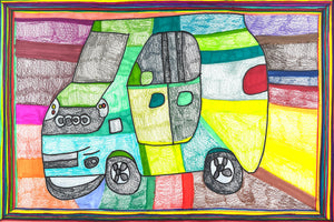 This vibrant drawing features a stylized car rendered in simplified shapes and divided into various sections, each filled with bright, contrasting colors and patterns, creating a patchwork effect. The bold black outlines and rainbow-colored frame add a playful, graphic quality, emphasizing the whimsical interpretation of an everyday object.