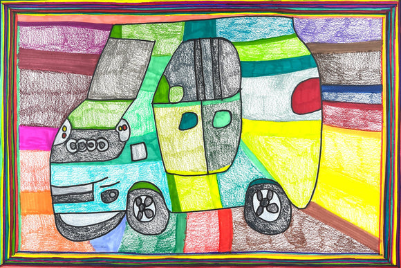 This vibrant drawing features a stylized car rendered in simplified shapes and divided into various sections, each filled with bright, contrasting colors and patterns, creating a patchwork effect. The bold black outlines and rainbow-colored frame add a playful, graphic quality, emphasizing the whimsical interpretation of an everyday object.