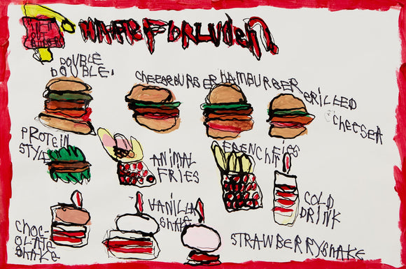 This playful, hand-drawn menu illustration showcases various fast-food items with thick black outlines and vibrant, layered colors, in an expressive style. Each item, from burgers to milkshakes, is labeled in freehand text, capturing an unpolished, energetic charm that evokes a sense of familiarity and nostalgia for classic fast-food culture.