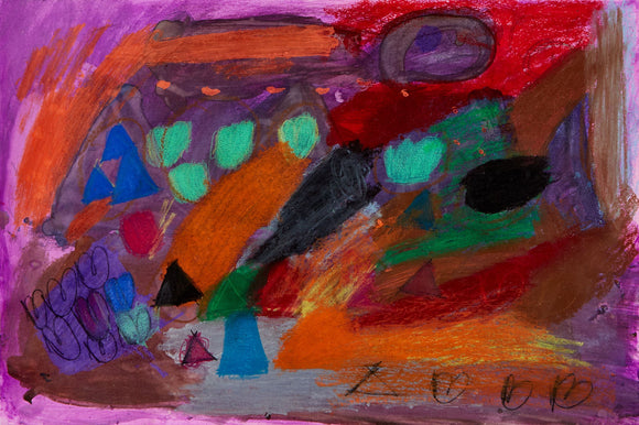This abstract composition is characterized by a bold use of color, with intense purples, reds, and oranges layered alongside contrasting greens and blacks. Organic shapes and rough, textured strokes evoke a sense of movement and spontaneity, creating a vibrant, dynamic piece that balances both chaos and cohesion within a dreamlike landscape.