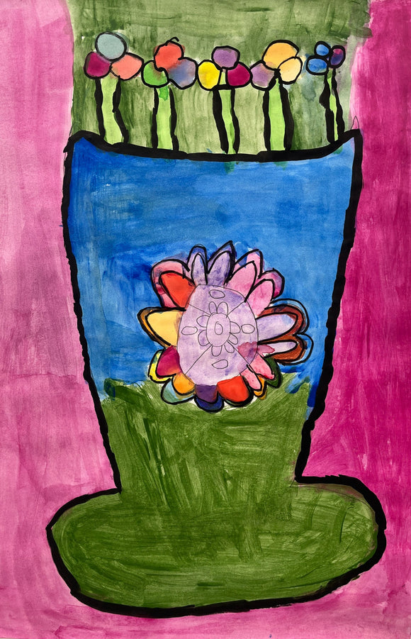 This artwork presents a whimsical, oversized flowerpot adorned with vibrant, layered blooms rendered in bold, saturated colors. The juxtaposition of green, blue, and pink backgrounds adds a playful depth, while thick black outlines lend a graphic quality that enhances the piece’s charm and simplicity.