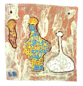 This ceramic artwork features three distinct, abstracted vessel shapes embedded within a textured slab of clay, each form highlighted by vibrant colors and intricate patterns. The earthy terracotta background contrasts with the vivid blues, yellows, and whites, while the raised textures and punctuated dots add a tactile depth, evoking an ancient, artifact-like quality.