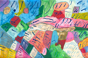 This abstract composition is a lively interplay of colors and forms, with layered patches of vibrant hues like red, green, blue, and pink that appear to ripple and flow across the canvas. The scattered dark blue dashes and lines add a sense of movement and rhythm, creating an impression of energy and fluidity within a quilt-like pattern.
