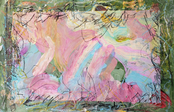 This abstract artwork combines pastel hues of pink, lavender, and aqua with streaks of textured brush strokes, evoking a sense of soft fluidity within a rectangular frame. Dark, erratic lines overlay the composition, adding a contrasting layer of tension and movement that enlivens the gentle color palette, creating a harmonious yet dynamic visual experience.
