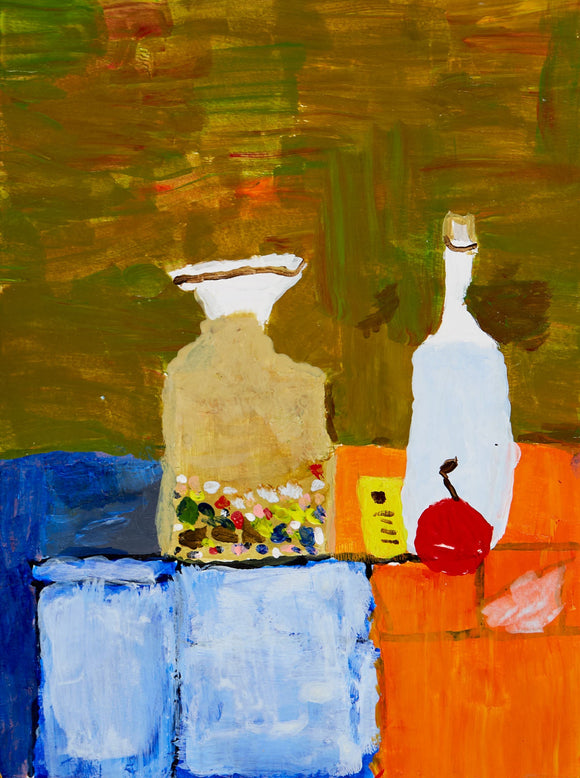 This still life painting features a simple arrangement of objects, including two bottles, a bright red fruit, and abstract shapes of blue and orange on the tabletop, set against a muted, earthy background. The artist’s use of bold colors and layered textures creates a balance between realism and abstraction, giving the scene both warmth and an impressionistic quality.