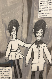 This monochromatic drawing presents two doll-like figures with elongated limbs and somber expressions, set against a muted, textured background. The artwork conveys a vintage or eerie atmosphere, with handwritten notes suggesting an exploration of themes related to childhood, fantasy, and perhaps a touch of the uncanny, indicated by words like "spooky" and "creepypasta."