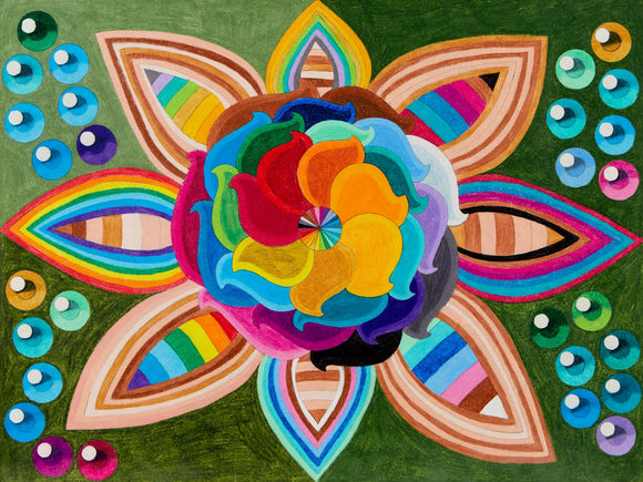 This artwork presents an intricately layered mandala composed of petal-like shapes radiating from a vibrant central bloom, featuring a spectrum of rich hues including blues, greens, purples, and reds. Surrounding the mandala are smaller, spherical forms with shaded gradients, enhancing the piece's dynamic interplay of color, symmetry, and visual rhythm against a dark green background.
