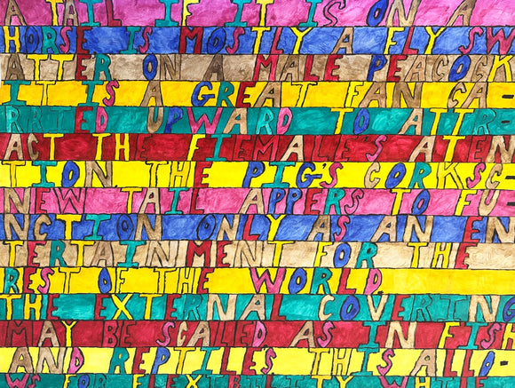 This image presents a densely arranged, hand-lettered text composition, where each line is filled with capitalized words in distinct, alternating colors including pink, blue, yellow, green, and red. The content appears to examine the functional and evolutionary roles of animal tails—such as those of horses, peacocks, and pigs—emphasizing their roles in attraction, display, and adaptation within the natural world.