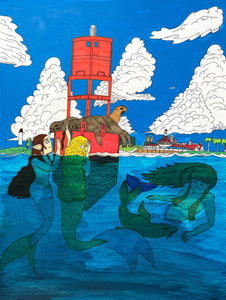 This vibrant illustration depicts a surreal marine scene where mermaids and sea lions interact near a red buoy under a bright blue sky with towering, stylized clouds. The juxtaposition of fantastical elements—such as the mermaids—and realistic details of the buoy and sea lions create a dynamic composition that explores themes of harmony between mythical and natural worlds.