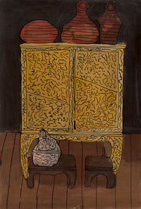 This artwork features a stylized depiction of a golden cabinet with intricate line patterns set against a dark background, evoking a sense of traditional craftsmanship. Atop the cabinet sit three terracotta-like vessels, while a woven basket and two small stools rest below, creating a composition that highlights earthy textures and contrasts in color.