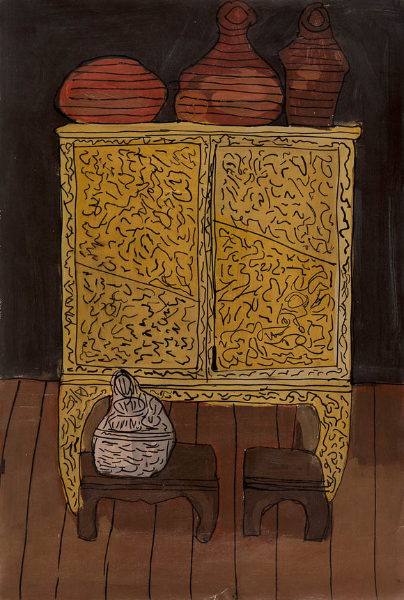 This artwork features a stylized depiction of a golden cabinet with intricate line patterns set against a dark background, evoking a sense of traditional craftsmanship. Atop the cabinet sit three terracotta-like vessels, while a woven basket and two small stools rest below, creating a composition that highlights earthy textures and contrasts in color.