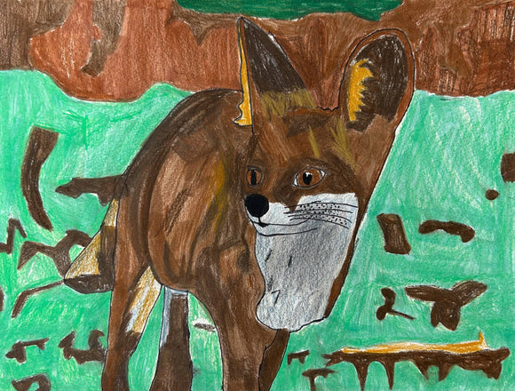 This artwork depicts a fox with attentive eyes and alert ears, set against a backdrop of earthy tones and green hues. The artist uses shades of brown and gray on the fox’s fur, capturing its texture and adding a naturalistic depth to the animal’s form as it blends with the abstracted background.