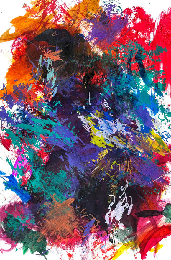 This vibrant abstract artwork features an energetic blend of bold colors, including intense reds, purples, blues, and oranges, layered in dynamic strokes and splashes. The chaotic composition suggests movement and emotion, with intersecting lines and varying textures that draw the viewer’s eye across the canvas in an exploration of contrast and depth.