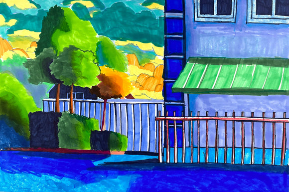 This artwork presents a vibrant, stylized outdoor scene featuring bold colors and sharp contrasts between natural and architectural elements. The composition is divided between lush, green foliage set against a bright yellow sky and a geometric structure with vivid blue walls and a green awning, highlighting the interplay of light and shadow.