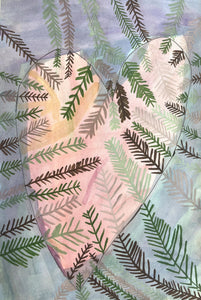 This artwork features a large, softly colored heart shape overlaid with delicate fern-like patterns in shades of green and brown, creating a layered effect. The juxtaposition of natural foliage motifs against the abstract heart form evokes a sense of harmony between organic life and human emotion.