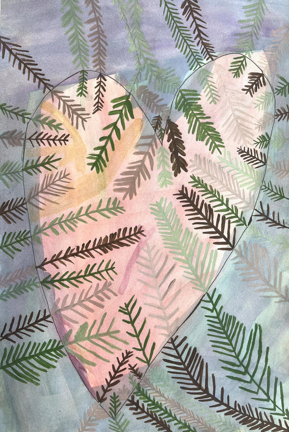 This artwork features a large, softly colored heart shape overlaid with delicate fern-like patterns in shades of green and brown, creating a layered effect. The juxtaposition of natural foliage motifs against the abstract heart form evokes a sense of harmony between organic life and human emotion.
