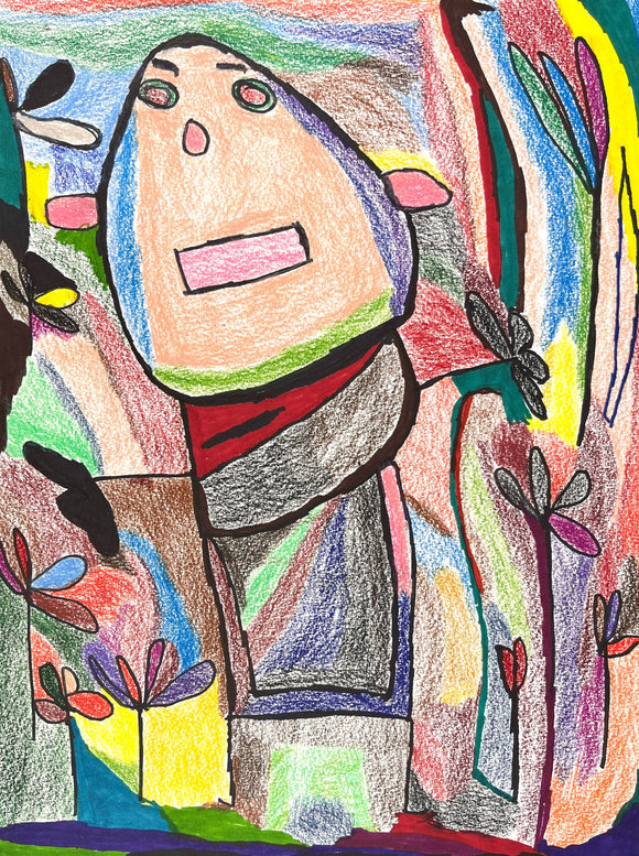 This vibrant artwork presents an abstract humanoid figure in a colorful, surreal landscape, defined by expressive, thick outlines and bold swathes of crayon and marker. The use of fragmented shapes and intense colors evokes a playful yet introspective quality, suggesting an exploration of identity or emotional states within a dreamlike environment. 