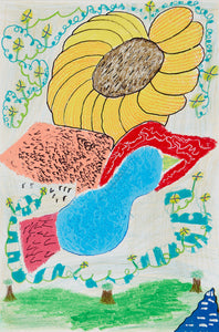 This artwork features a playful, abstract composition of organic shapes and vivid colors, dominated by a large sunflower-like form with textural patterns and surrounded by swirling elements that evoke movement. The varied textures and imaginative forms create a sense of whimsy, as if inviting viewers into a dreamlike landscape where natural and fantastical elements coexist harmoniously.