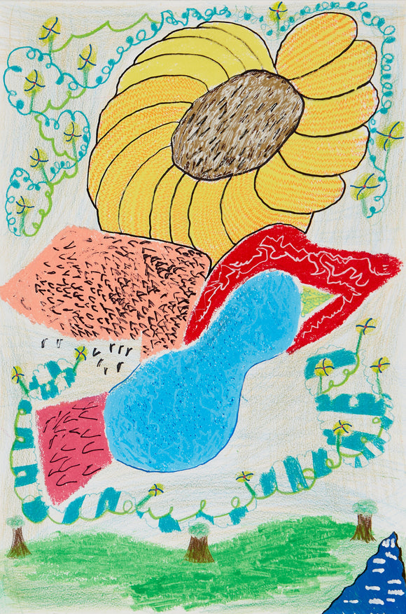 This artwork features a playful, abstract composition of organic shapes and vivid colors, dominated by a large sunflower-like form with textural patterns and surrounded by swirling elements that evoke movement. The varied textures and imaginative forms create a sense of whimsy, as if inviting viewers into a dreamlike landscape where natural and fantastical elements coexist harmoniously.