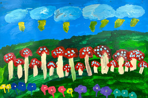 This artwork depicts a vibrant fantasy landscape filled with tall, whimsical mushrooms that sport red caps dotted with white spots. Above, puffy blue clouds with yellow undertones float against a bright blue sky, while a variety of colorful flowers adorn the foreground, adding to the surreal, fairytale-like quality of the scene.