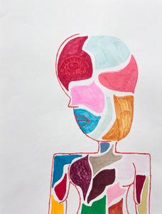 This abstract portrait employs a patchwork of vibrant colors to delineate the figure’s profile, creating a mosaic-like effect that emphasizes the individuality of each section. A single, stylized eye in the forehead area draws focus, symbolizing introspection or inner vision, while the varied colors evoke a sense of emotional complexity and layered identity.