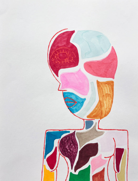 This abstract portrait employs a patchwork of vibrant colors to delineate the figure’s profile, creating a mosaic-like effect that emphasizes the individuality of each section. A single, stylized eye in the forehead area draws focus, symbolizing introspection or inner vision, while the varied colors evoke a sense of emotional complexity and layered identity.