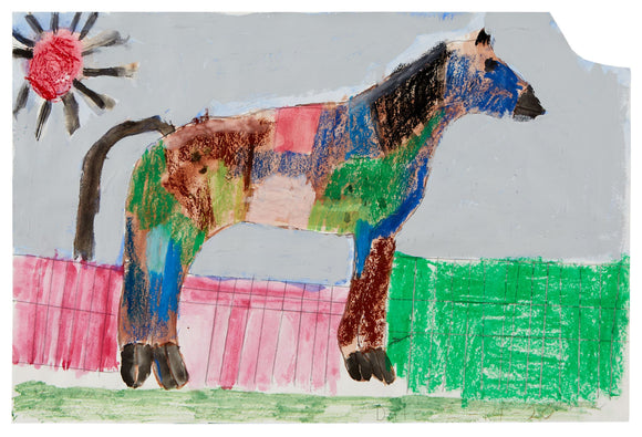 This artwork depicts a stylized horse with a patchwork of earthy tones—greens, browns, blues, and pinks—standing on a green and red striped surface, against a muted gray sky. A vibrant red sun with black rays adds a whimsical touch to the scene, emphasizing the imaginative quality of the composition.