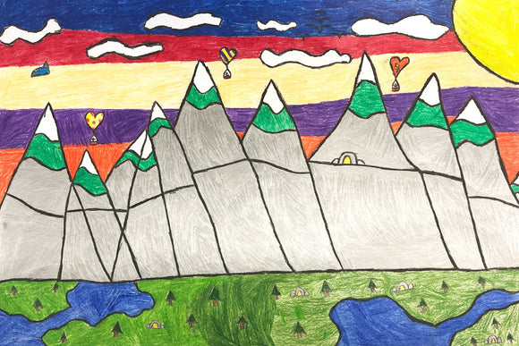This landscape artwork depicts a stylized mountain range under a vibrantly striped sky, with each mountain peak capped in green and white to resemble snow-covered summits. Hot air balloons in various shapes float through the sky, while a green foreground dotted with trees and lakes suggests a vast, natural terrain below.