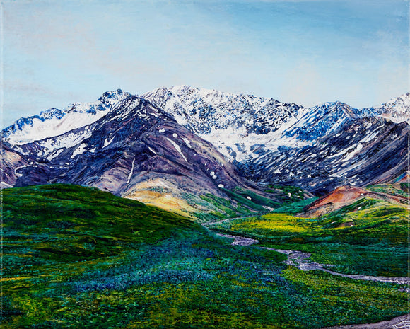 This painting depicts a vibrant mountainous landscape with a snow-capped mountain range that rises majestically under a clear sky. The lush green valley below, cut by a winding river, contrasts sharply with the rocky peaks, emphasizing the diverse textures and colors of alpine terrain.