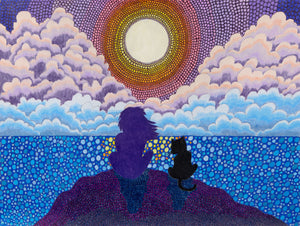 This artwork presents a mesmerizing scene of a silhouetted figure and a black cat sitting on a cliff, gazing at a luminous sun over a dotted, gradient sea and sky. The background features layers of clouds in warm and cool hues, rendered in a pointillist style that emphasizes the tranquil, contemplative atmosphere of a shared moment at sunset.