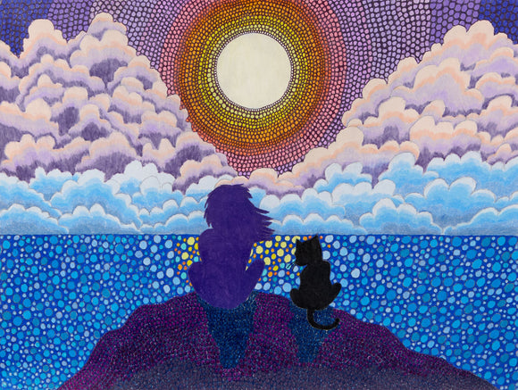 This artwork presents a mesmerizing scene of a silhouetted figure and a black cat sitting on a cliff, gazing at a luminous sun over a dotted, gradient sea and sky. The background features layers of clouds in warm and cool hues, rendered in a pointillist style that emphasizes the tranquil, contemplative atmosphere of a shared moment at sunset.