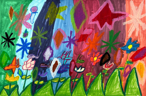 This vibrant, abstract artwork presents a fantastical garden of vivid flowers and star-like shapes against a dynamic, multicolored background. The overlapping shapes and bold colors—ranging from deep blues to radiant reds—create a lively, dreamlike composition that evokes the wonder of an enchanted forest.